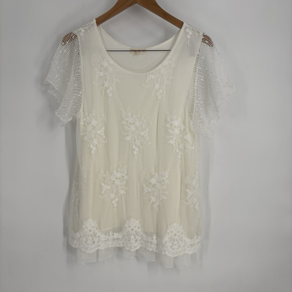 Song n Spirit Womens Mixed Media Boho Top Medium White Mesh Lace Layered Fairy
